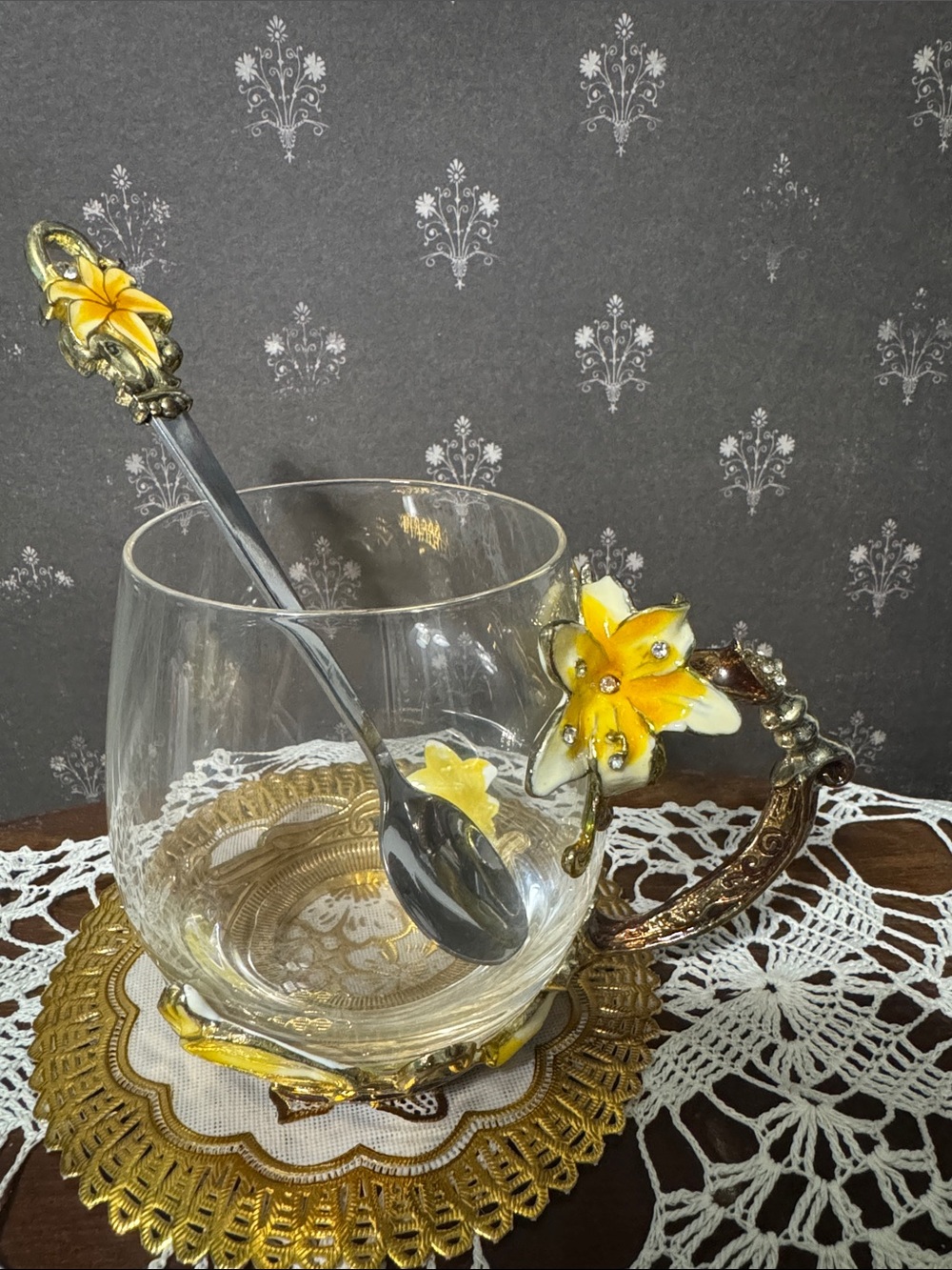 Gorgeous glass tea cup for one with teaspoon